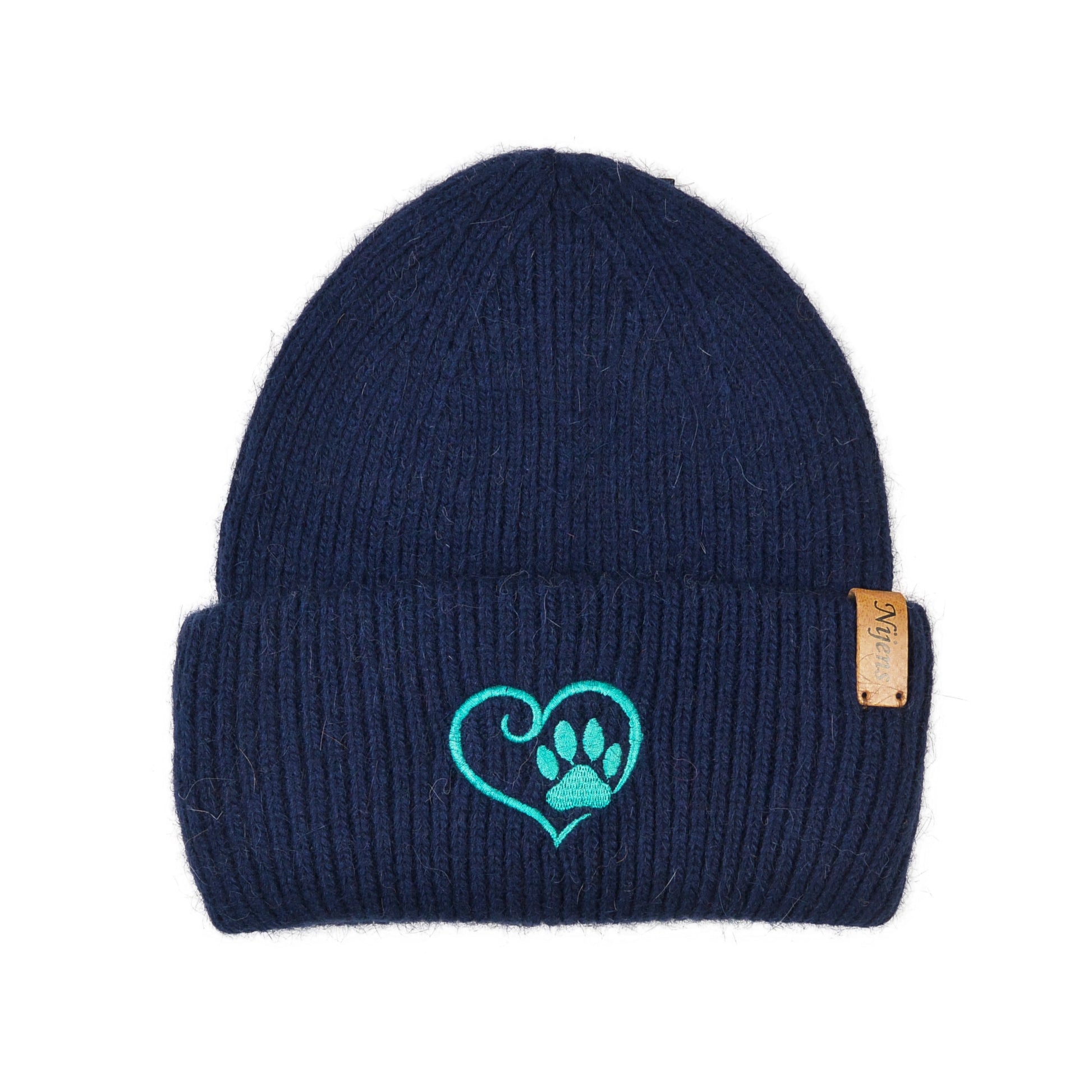 Vorderansicht der dunkelblauen Angora Beanie Marseille von Nijens mit türkisfarbener Pfote-&-Herz-Stickerei