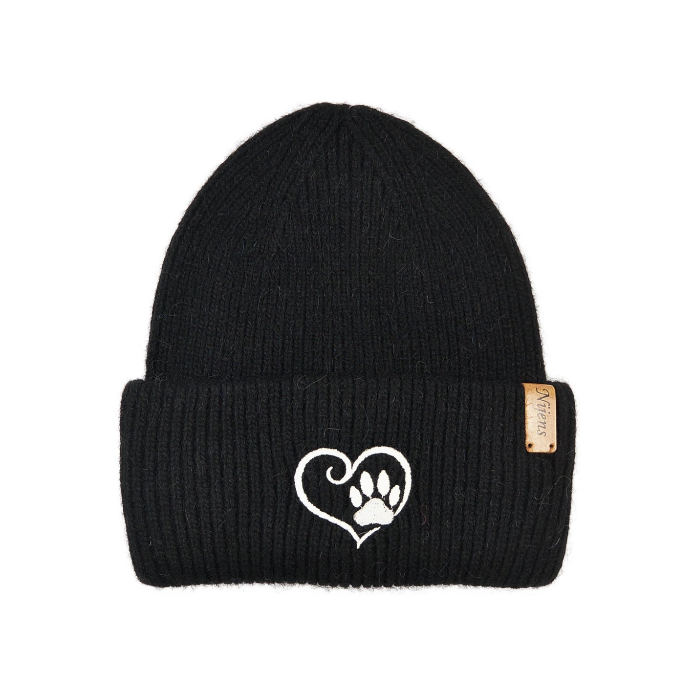Vorderansicht der schwarzen Angora Beanie Marseille von Nijens mit Pfote-&-Herz-Stickerei