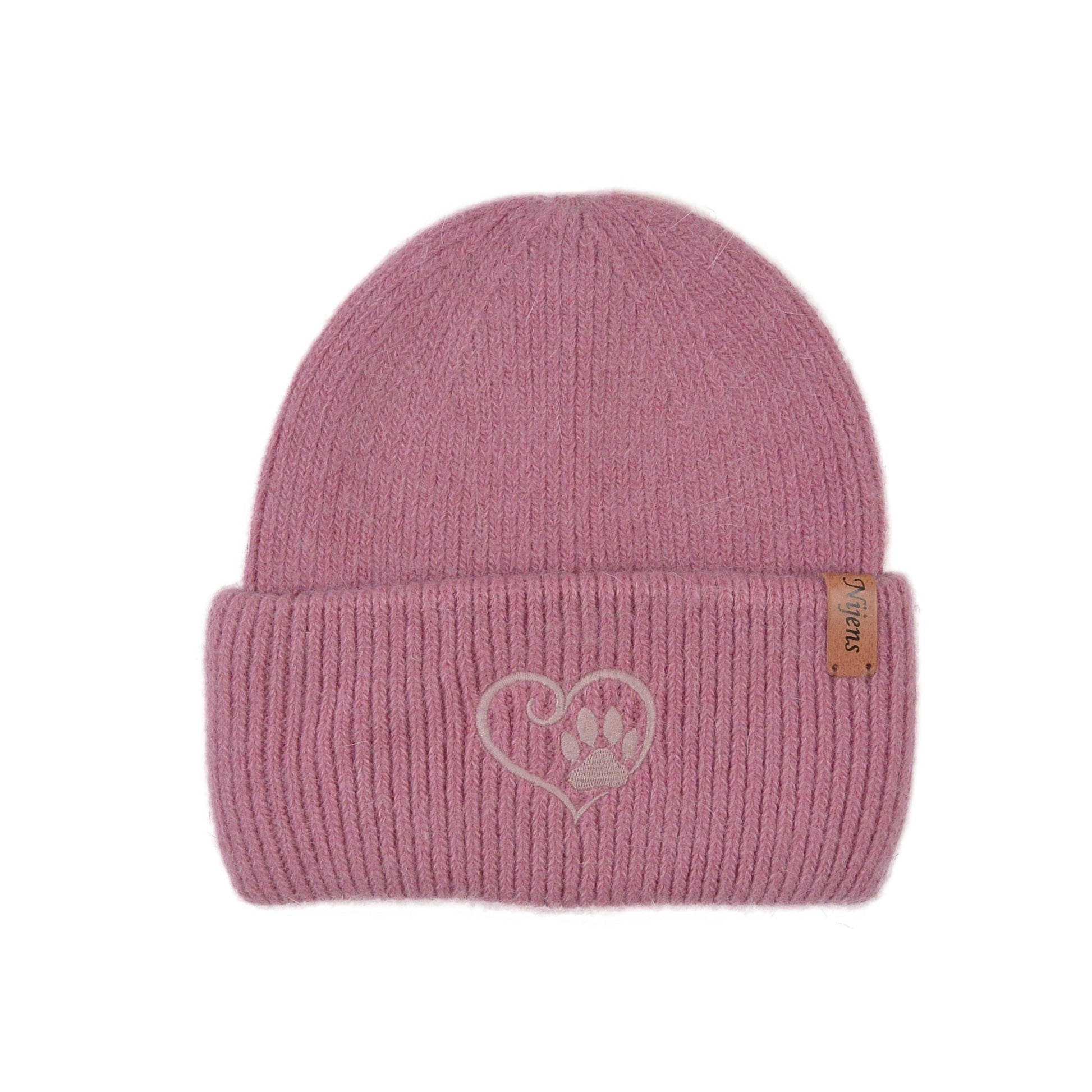 Vorderansicht der Angora Altrosa Beanie Marseille von Nijens mit Pfote-&-Herz-Stickerei