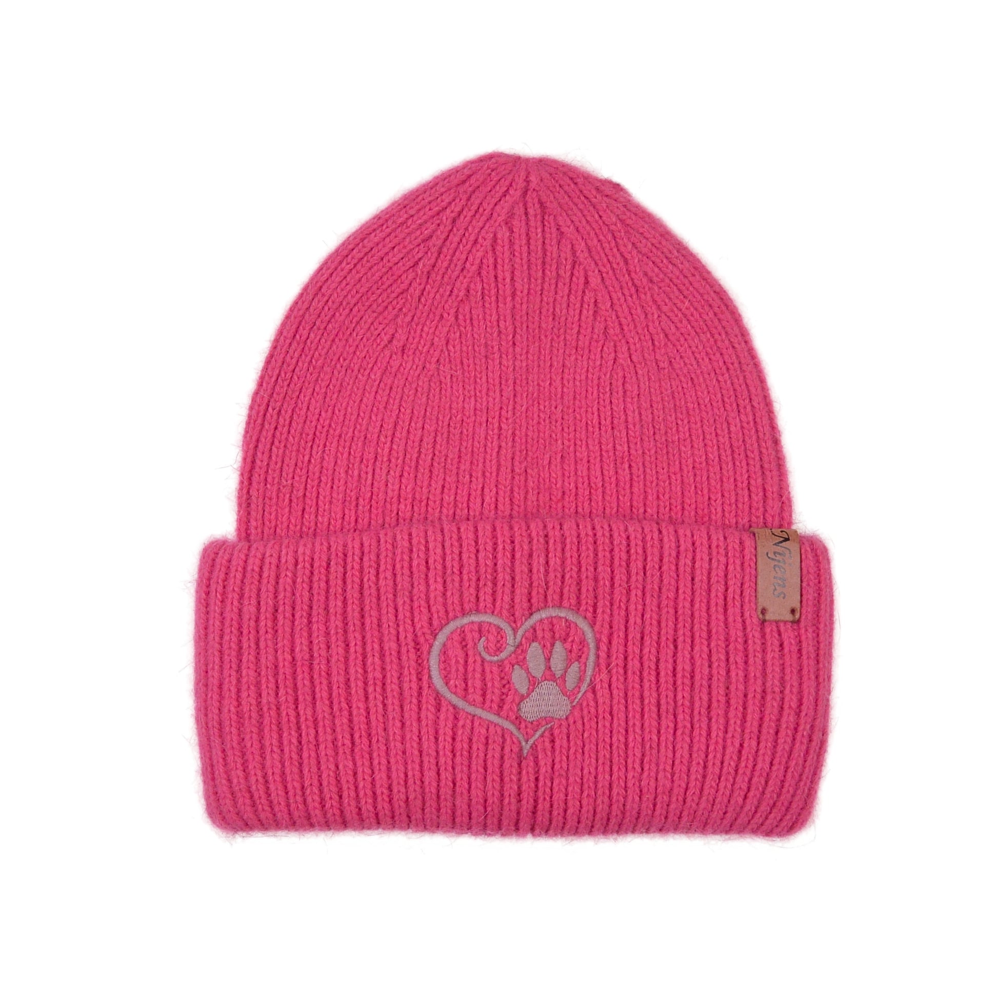 Vorderansicht der rosa Angora Beanie Marseille von Nijens mit Pfote-&-Herz-Stickerei