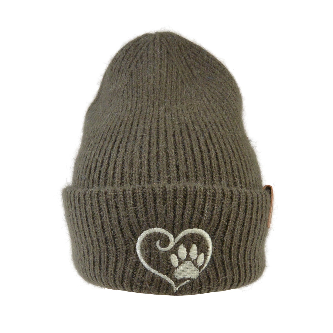 Vorderansicht der olivgrünen Angora Beanie Marseille mit Pfote-&-Herz-Stickerei