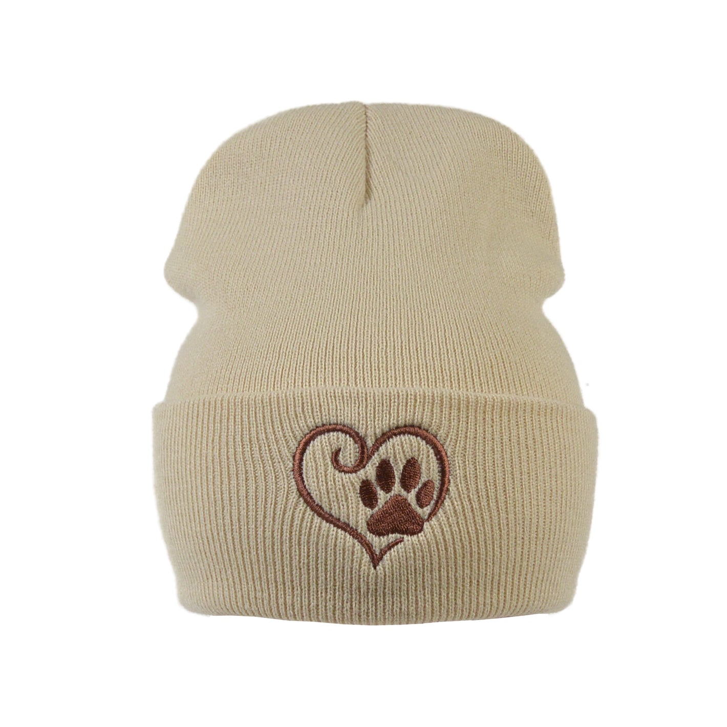 Beanie aus 100 % Acryl in beige mit Herz-Pfoten-Stickerei. Unisex, One Size.