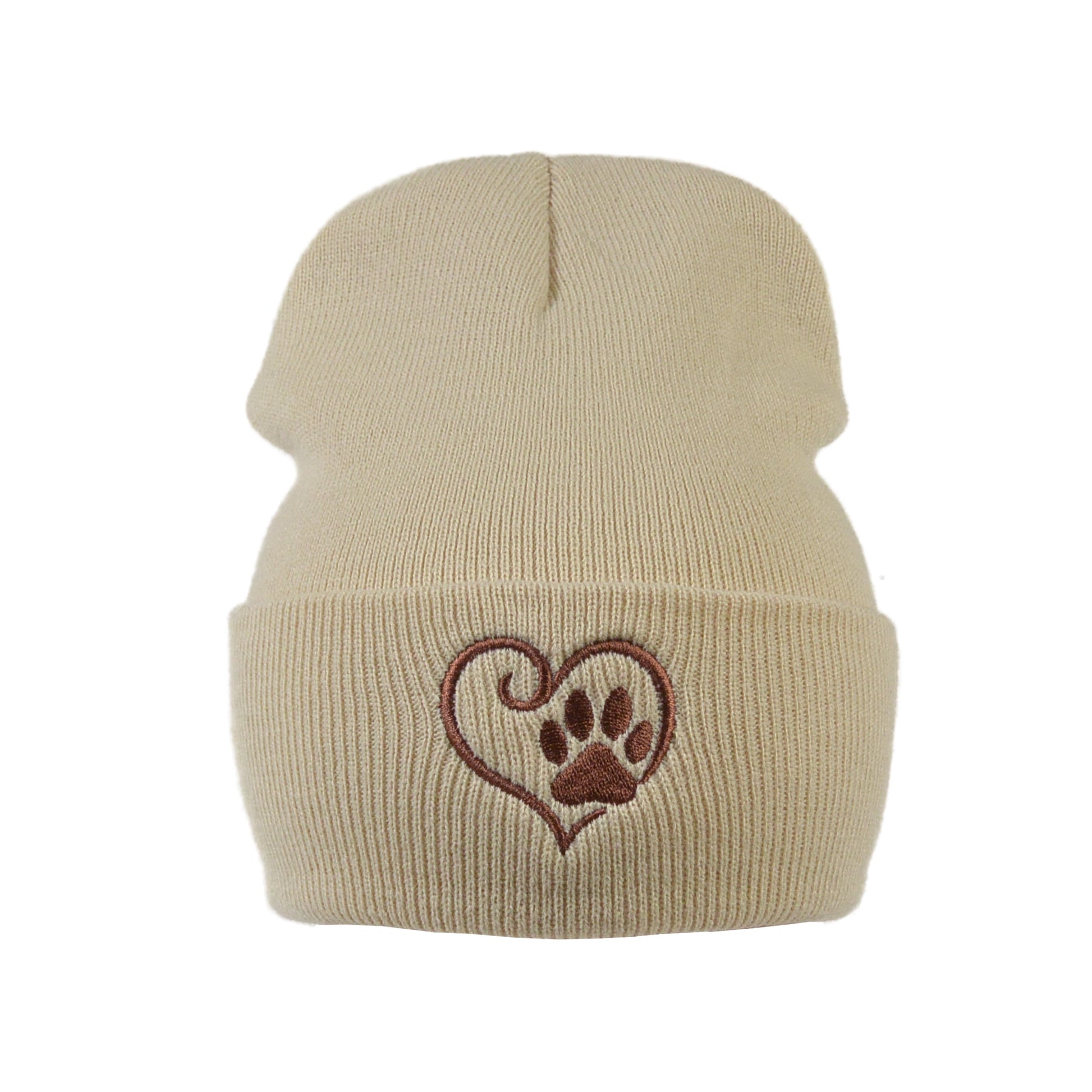 Beanie aus 100 % Acryl in beige mit Herz-Pfoten-Stickerei. Unisex, One Size.