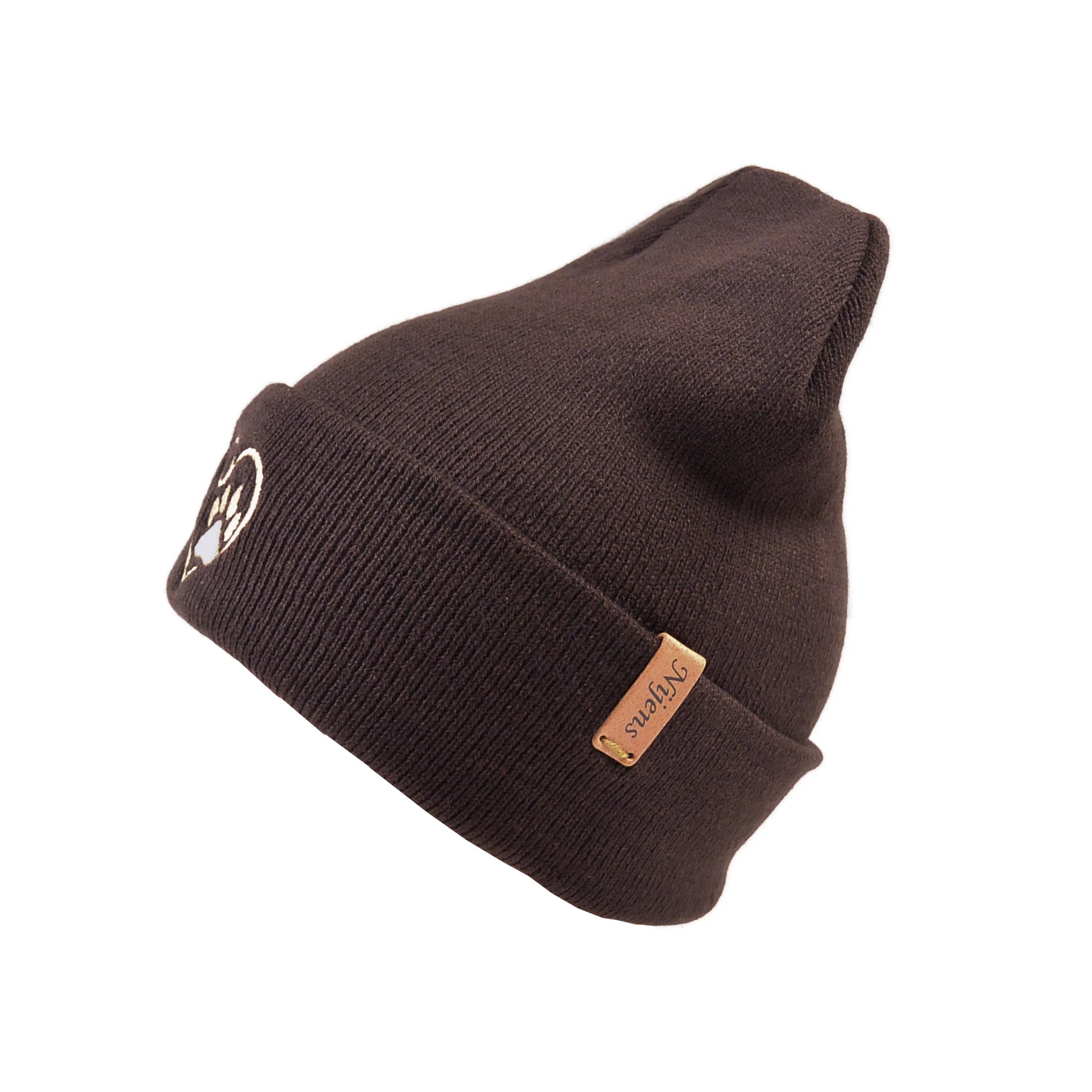 Beanie aus Acryl Dunkelbraun mit Herz-Pfoten-Stickerei 