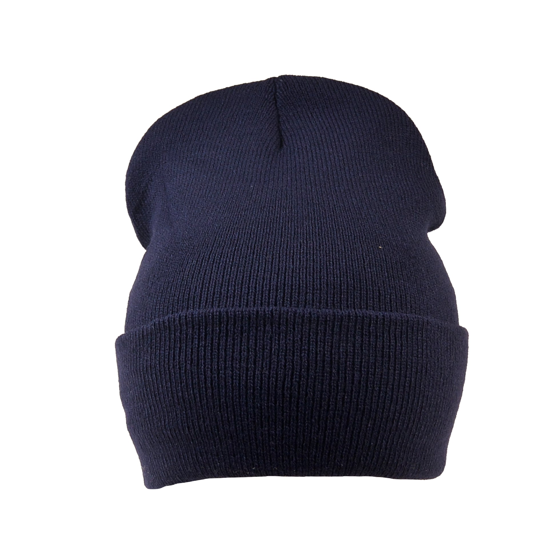 Frontansicht der Nijens Beanie Leonberg aus Acryl in Dunkelblau mit umgeschlagenem Rand 