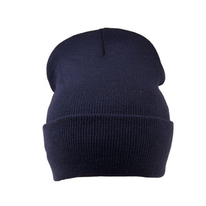 Frontansicht der Nijens Beanie Leonberg aus Acryl in Dunkelblau mit umgeschlagenem Rand 