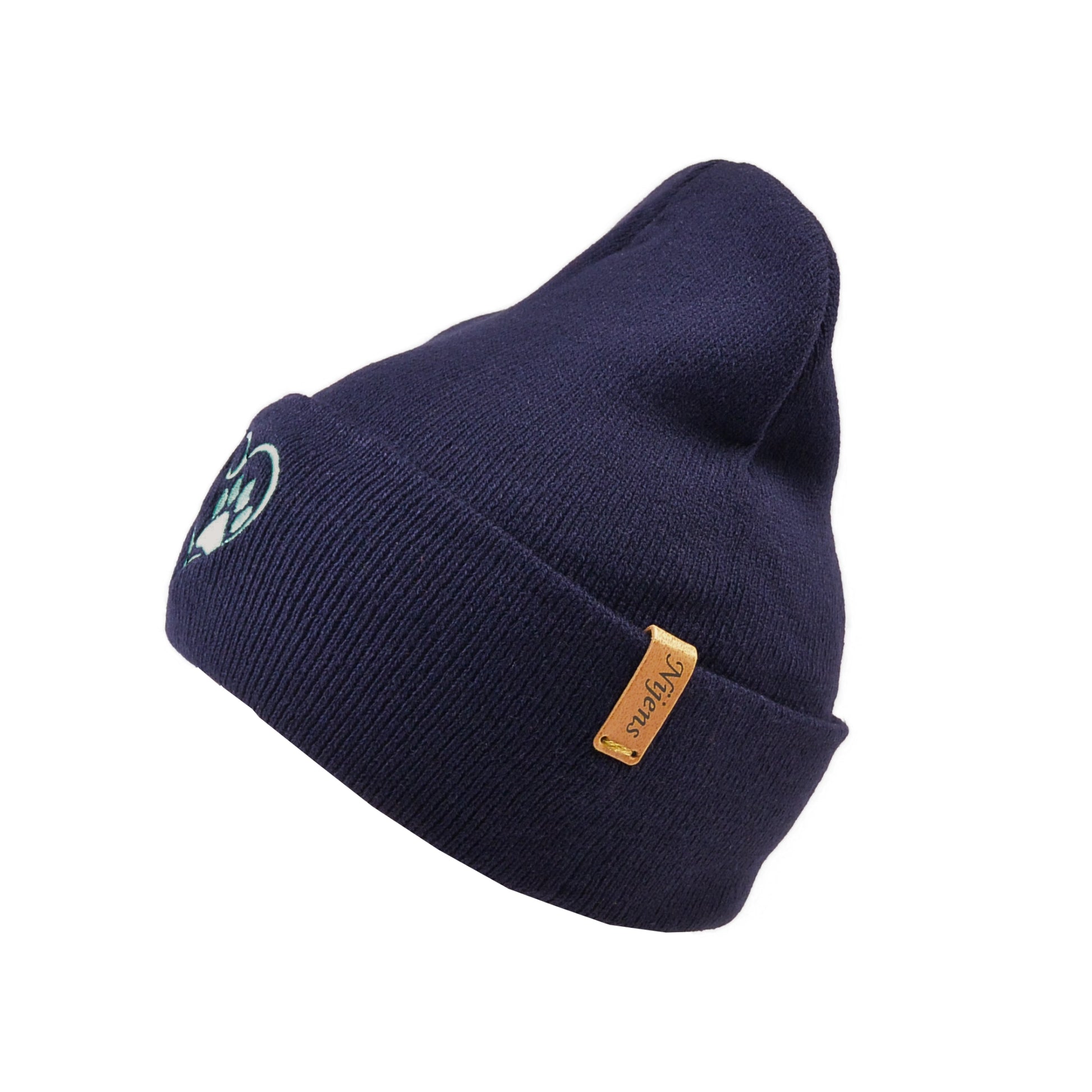 Seitenansicht der Nijens Beanie Leonberg aus Acryl in Dunkelblau mit umgeschlagenem Rand mit Stickerei 