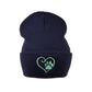 Frontansicht der Nijens Beanie Leonberg aus Acryl in Dunkelblau mit umgeschlagenem Rand Herz-Pfoten-Stickerei.