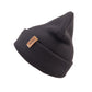 Seitenansicht der Beanie aus Acryl Graphit mit umgeschlagenem Rand.