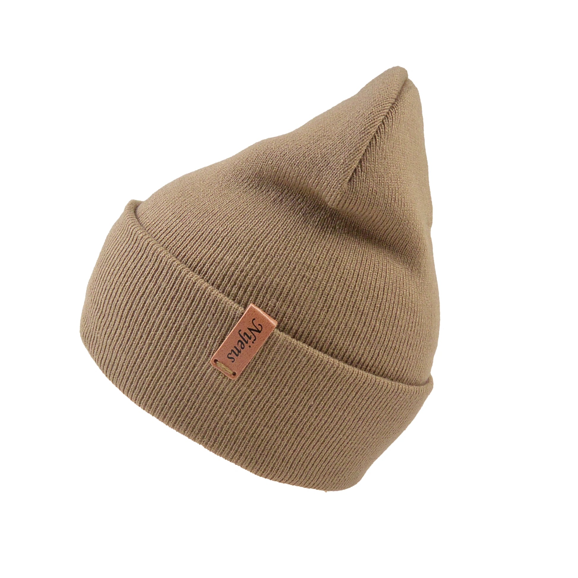 Seitlicheansicht der Beanie aus 100 % Acryl Hellbraun 