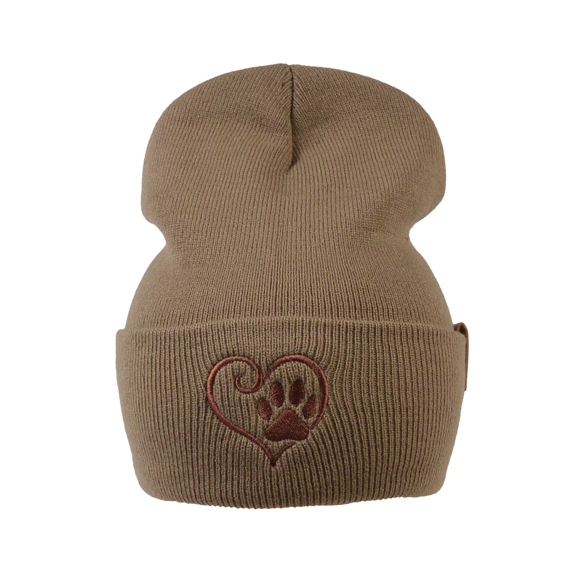 Unisex Beanie aus 100 % Acryl Hellbraun mit Herz-Pfoten-Stickerei