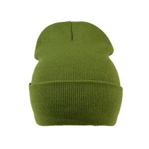 Frontansicht der Nijens Beanie Leonberg aus Acryl Grün mit umgeschlagenem Rand 