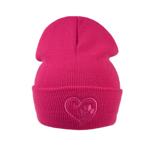 Frontansicht der Nijens Beanie Leonberg aus Acryl Fuchsia mit umgeschlagenem Rand mit Pfote und Herz Stickerei