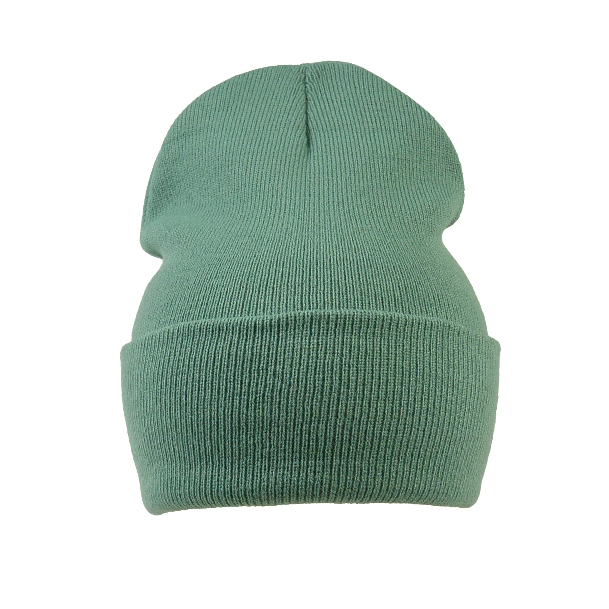 Frontansicht der Nijens Beanie Leonberg aus Acryl Salbei mit umgeschlagenem Rand ohne Stickerei