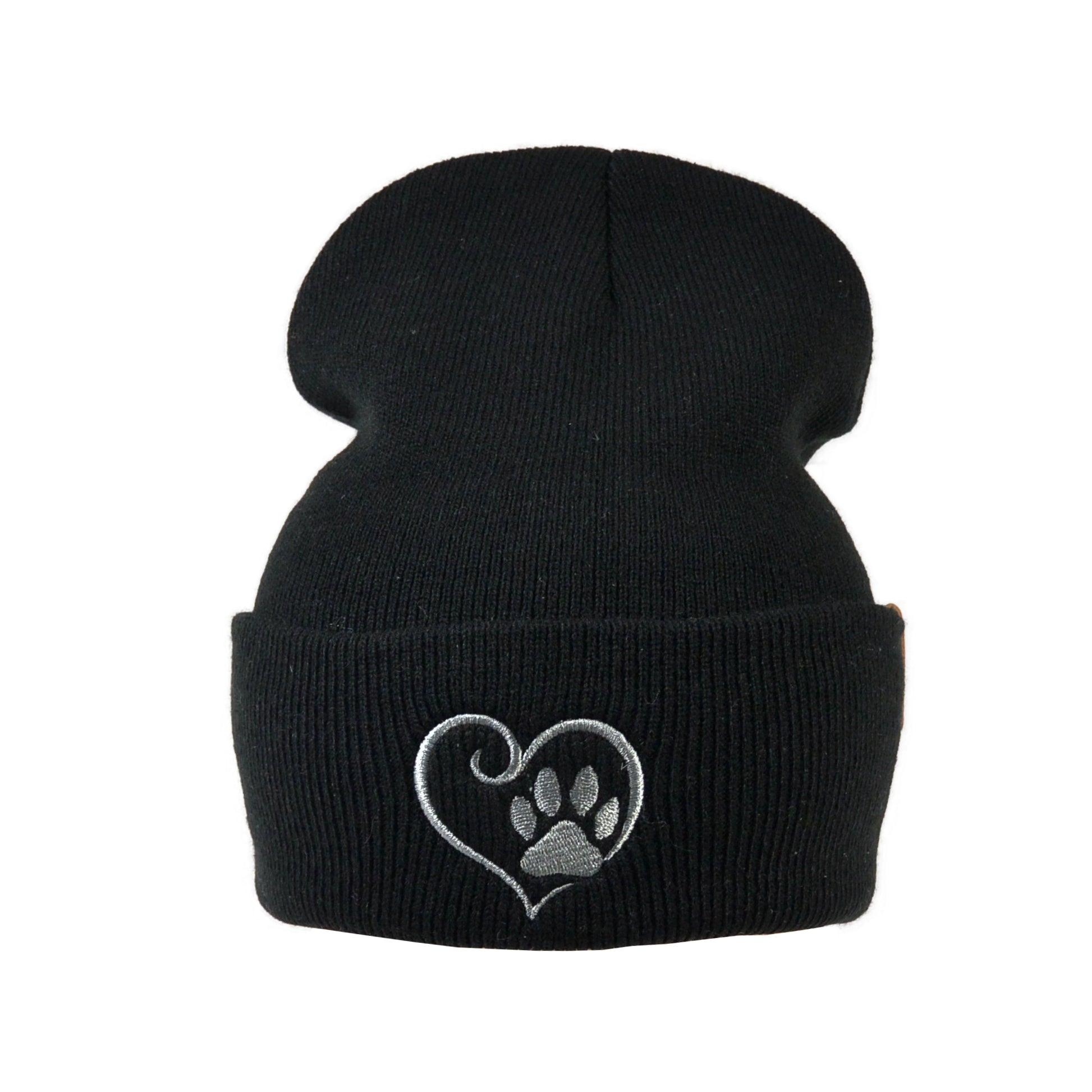 Beanie Leonberg in Schwarz von Nijens mit Herz-Pfoten-Stickerei auf der Vorderseite