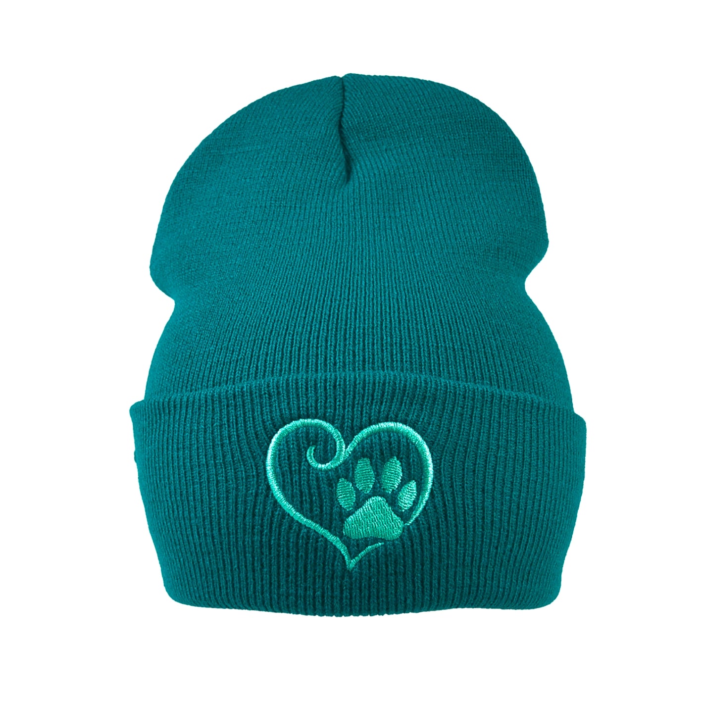 Beanie aus 100 % Acryl Türkisblau mit Herz-Pfoten-Stickerei. 
