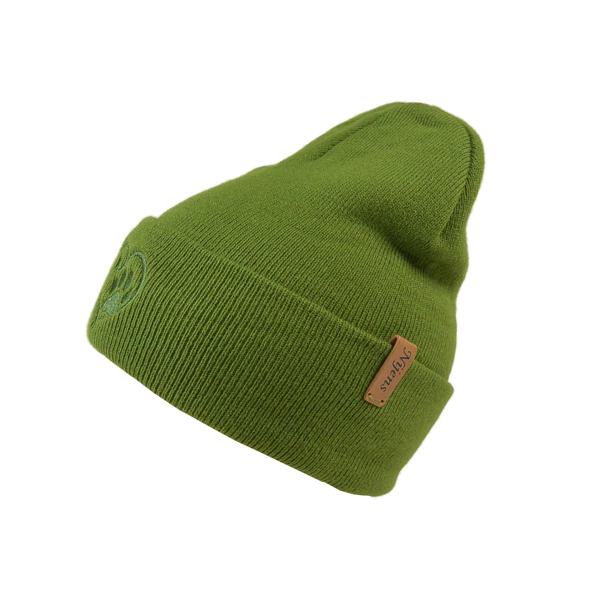 Seitenansicht der Nijens Beanie Leonberg aus Acryl Grün mit umgeschlagenem Rand mit Pfote und Herz  Stickerei