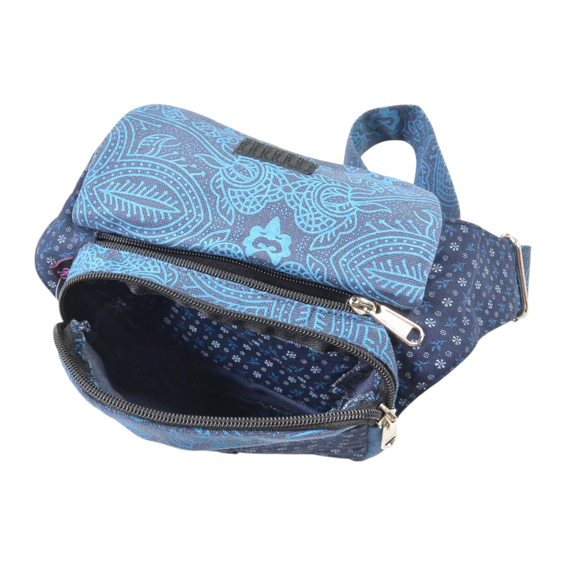 Bauchtasche "Dublin" Baumwoll-Canvas in Blau mit Blumenmuster. Innenansicht.