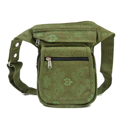 Handgefertigte Paris Bauchtasche aus Canvas Baumwolle Olivgrün mit einzigartigem Ethno-Print – farbenfroher Begleiter im Alltag