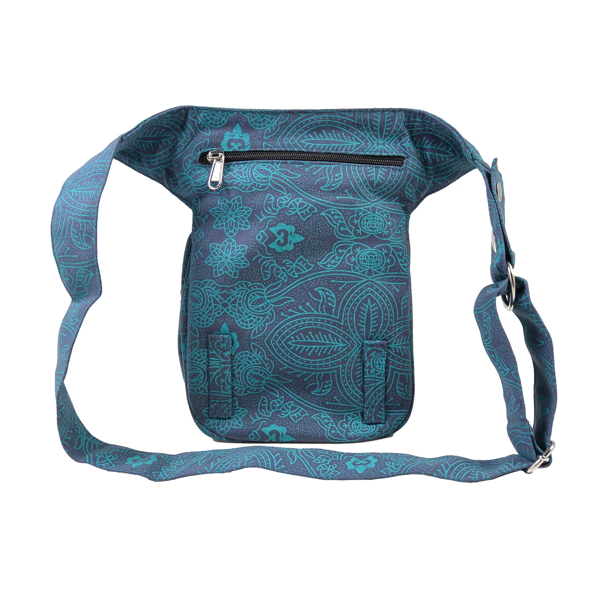 Paris Bauchtasche aus Canvas 100% Baumwolle mit türkis-blauem Ethno-Print, Rückansicht mit Reißverschlussfächern