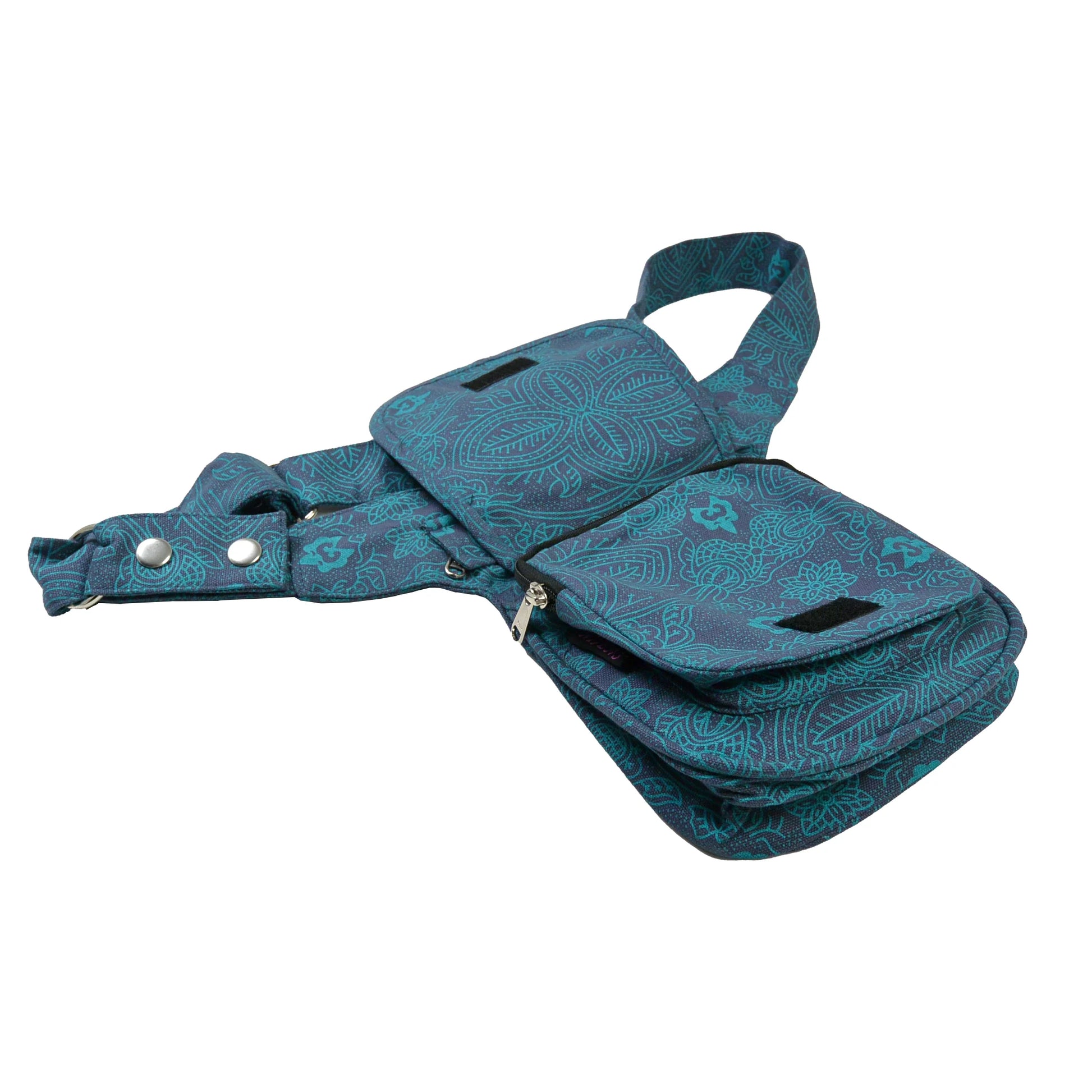 Paris Bauchtasche aus Canvas 100% Baumwolle mit türkis-blauem Ethno-Print, Seitenansicht mit Reißverschlussfächern