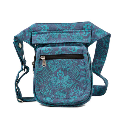 Paris Bauchtasche aus Canvas 100% Baumwolle mit türkis-blauem Ethno-Print, Vorderansicht mit Reißverschlussfächern