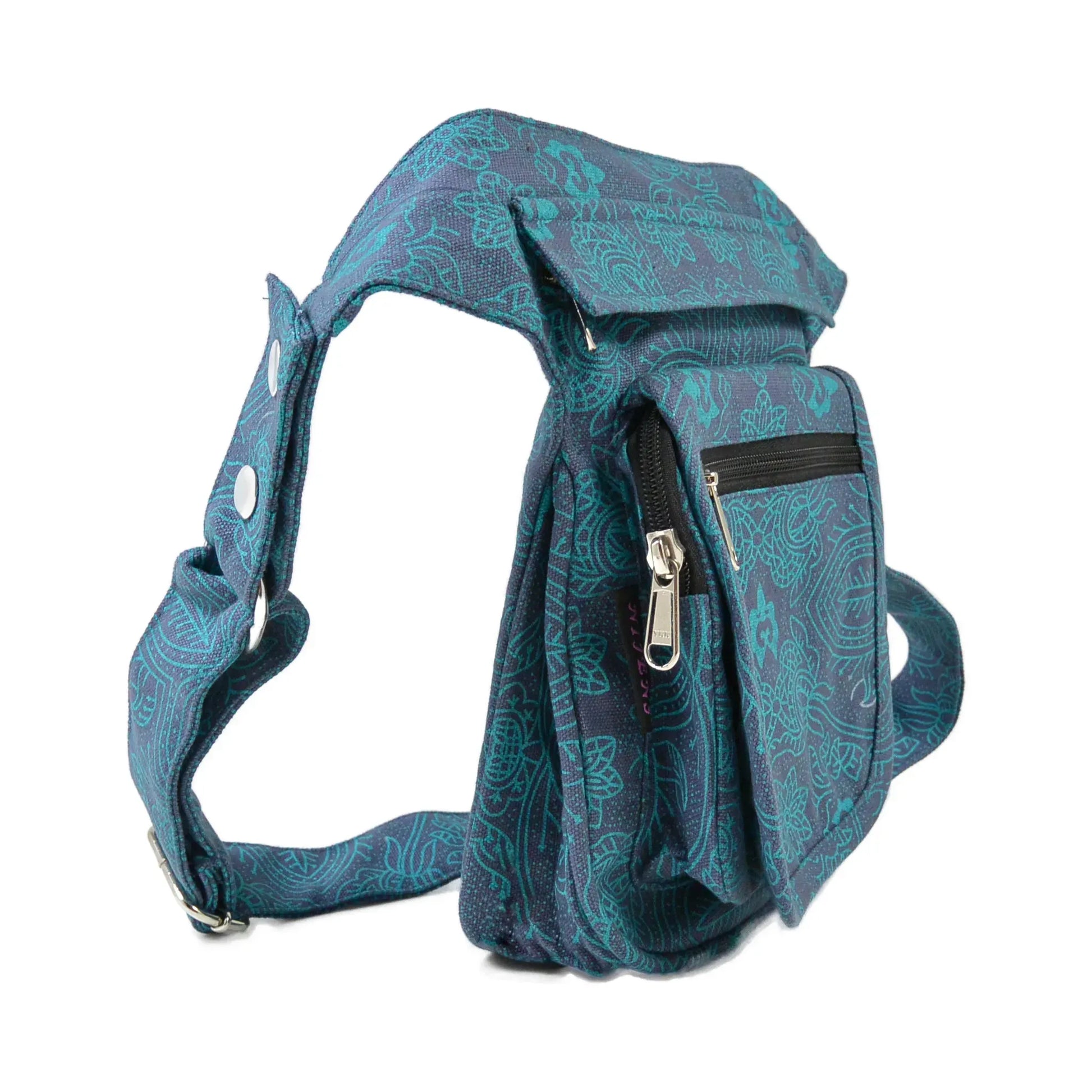 Bauchtasche aus Canvas 100% Baumwolle mit türkis-blauem Ethno-Print, Seitenansicht.