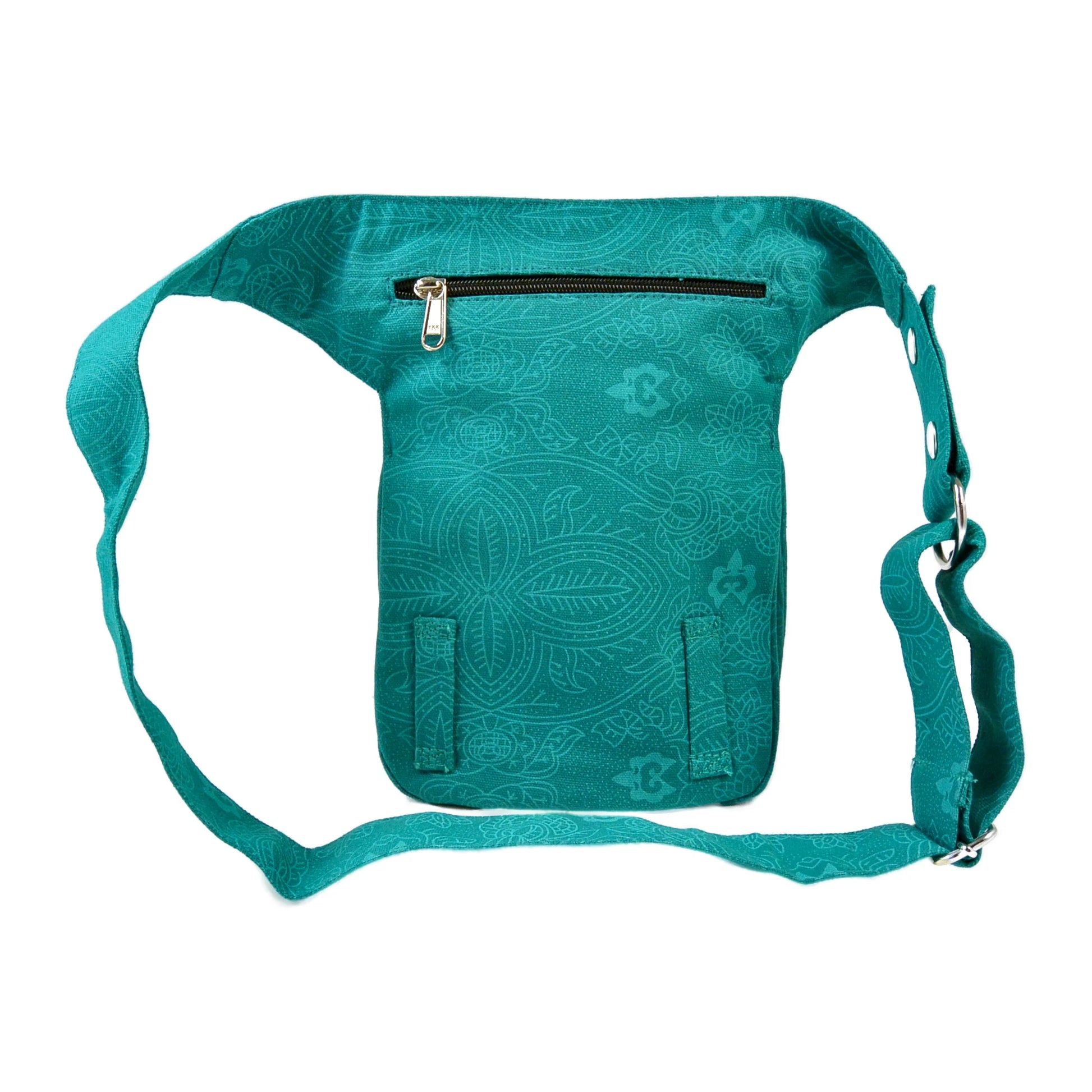 Bauchtasche aus Canvas 100% Baumwolle mit türkisem Ethno-Print, Rückansicht mit Reißverschlussfächern