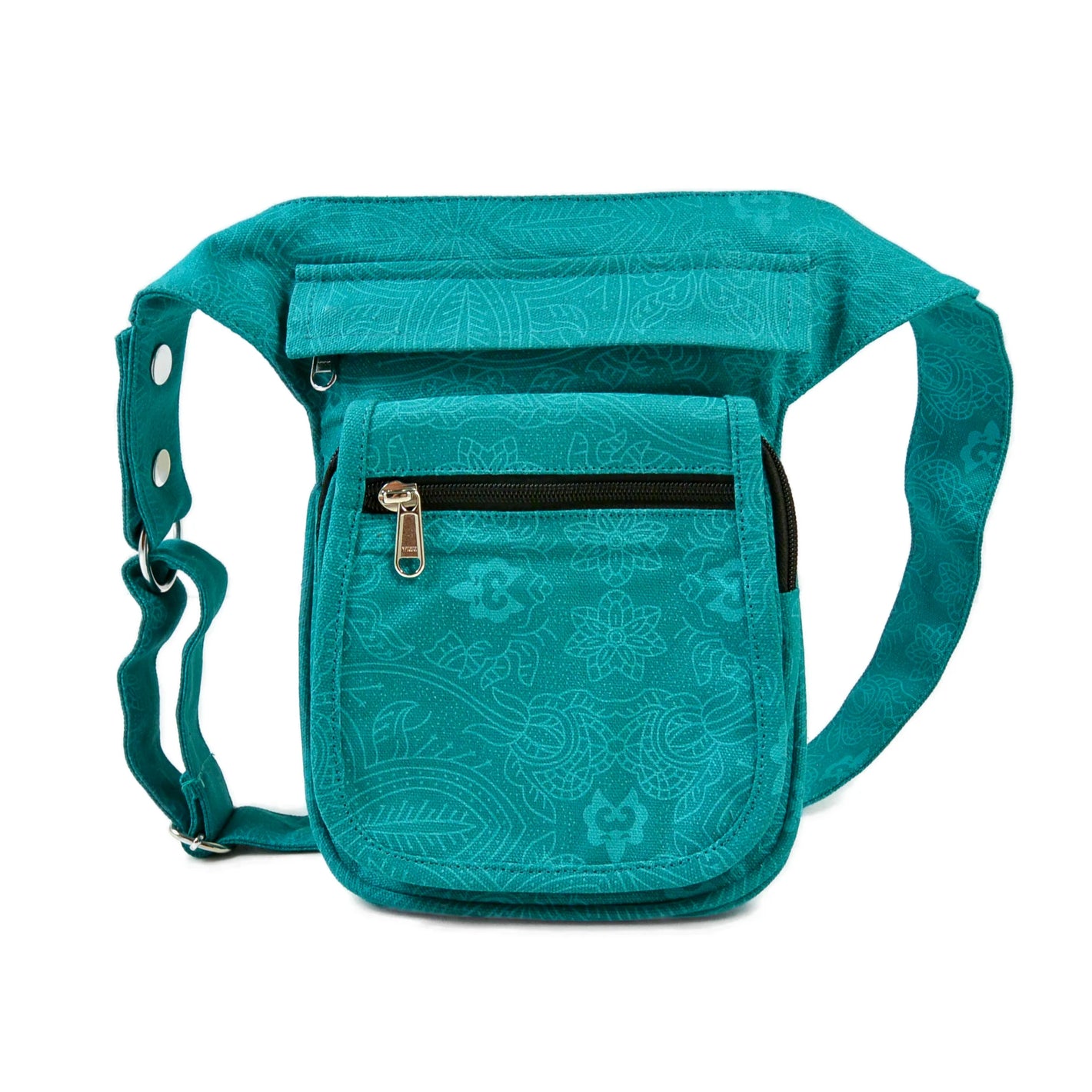 Bauchtasche aus Canvas aus 100% Baumwolle mit türkisem Ethno-Print, Vorderansicht mit mehreren Reißverschlussfächern