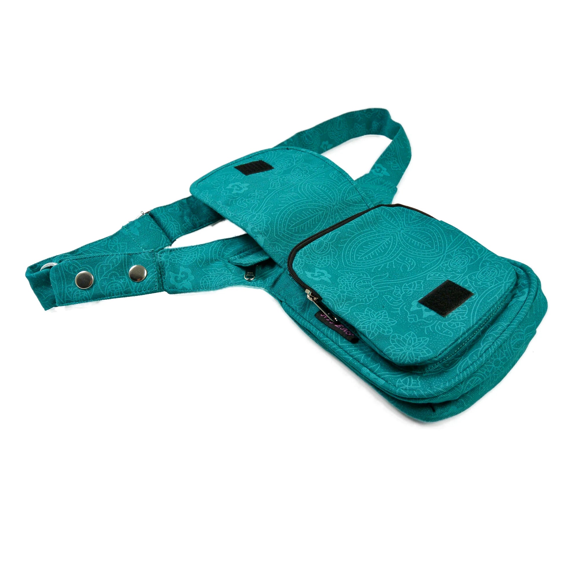 Bauchtasche aus Canvas 100% Baumwolle mit türkisem Ethno-Print, Seitenansicht mit Reißverschlussfächern