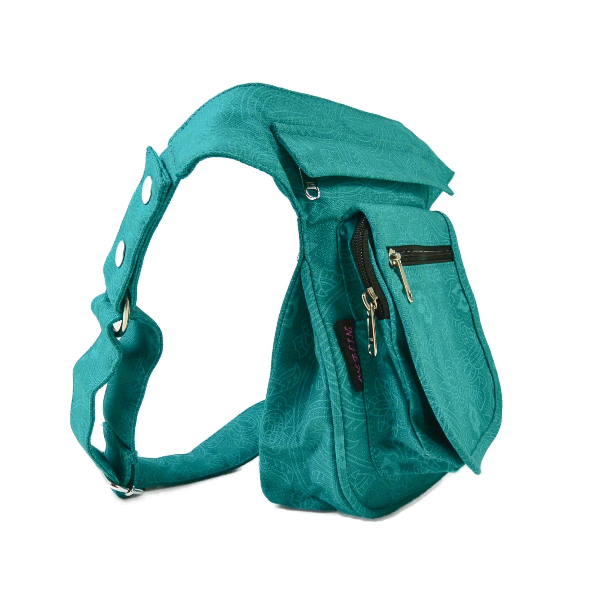 Bauchtasche aus Canvas 100% Baumwolle mit türkisem Ethno-Print, Seitenansicht.
