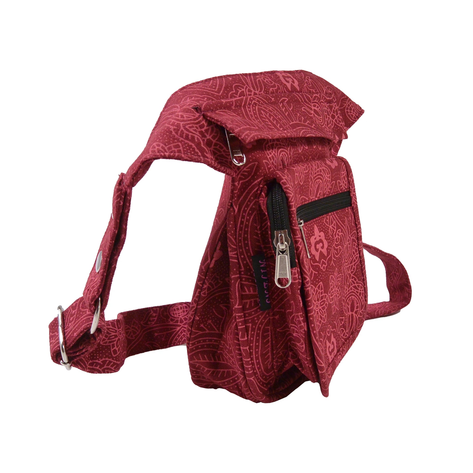 Seitliche Ansicht der Paris Ethno-Hüfttasche in Rot aus natürlicher Baumwolle – robust, nachhaltig und stilvoll