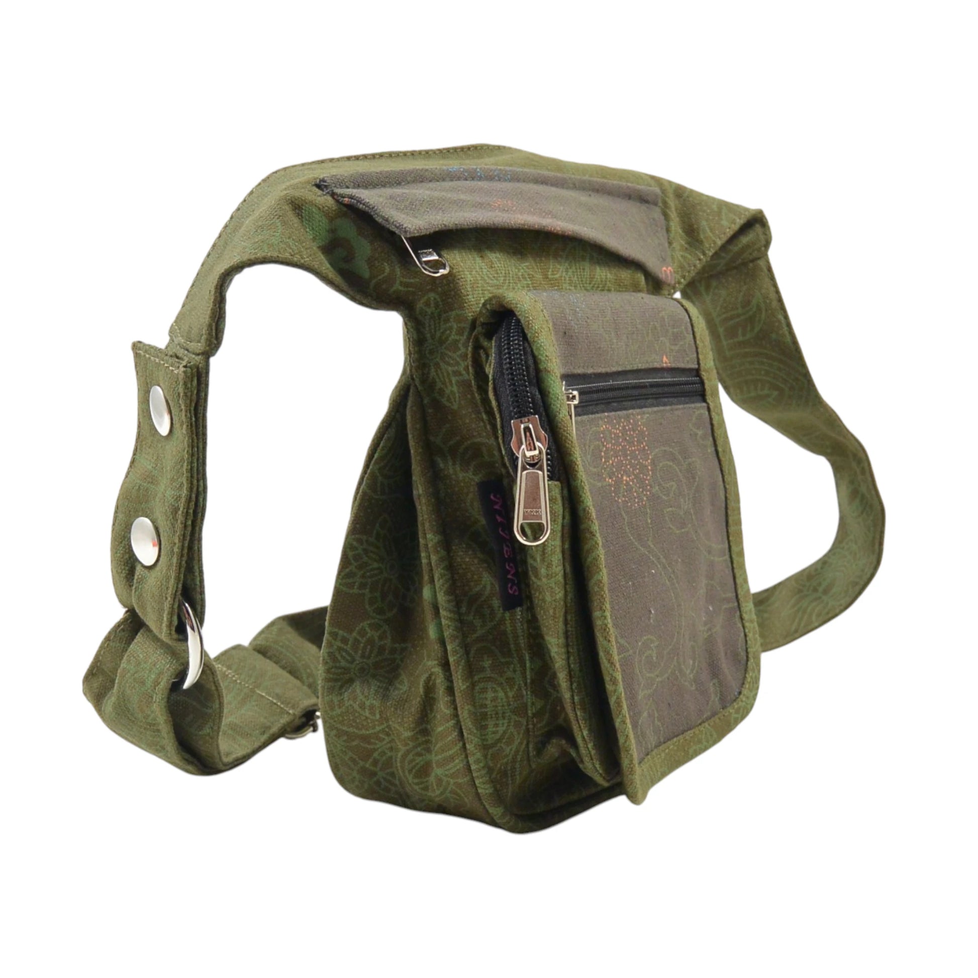 Paris Bauchtasche aus 100% Baumwolle Canvas mit einzigartigem Khaki Ethno-Print, Seitenansicht mit Reißverschlussfächern