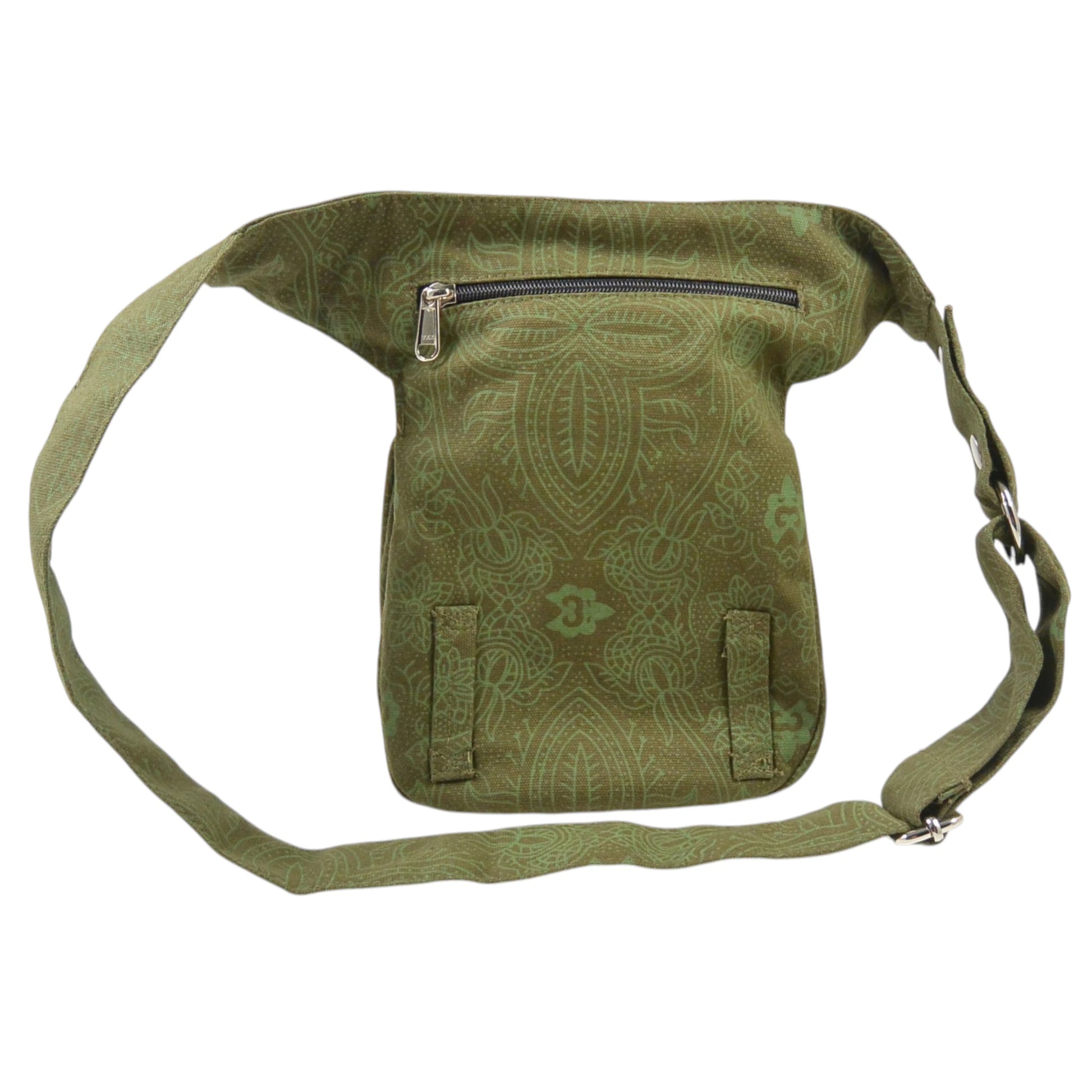 Paris Bauchtasche aus 100% Baumwolle Canvas mit einzigartigem Khaki Ethno-Print, Rückansicht mit Reißverschlussfächern