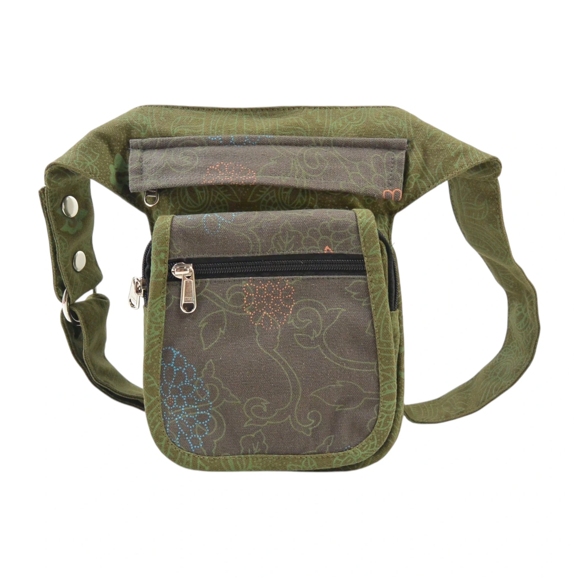 Paris Bauchtasche aus 100% Baumwolle Canvas mit einzigartigem Khaki Ethno-Print, Vorderansicht mit Reißverschlussfächern