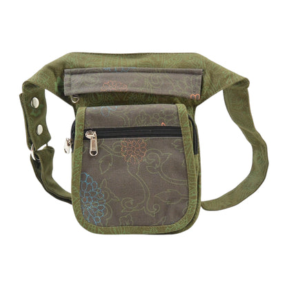 Paris Bauchtasche aus 100% Baumwolle Canvas mit einzigartigem Khaki Ethno-Print, Vorderansicht mit Reißverschlussfächern
