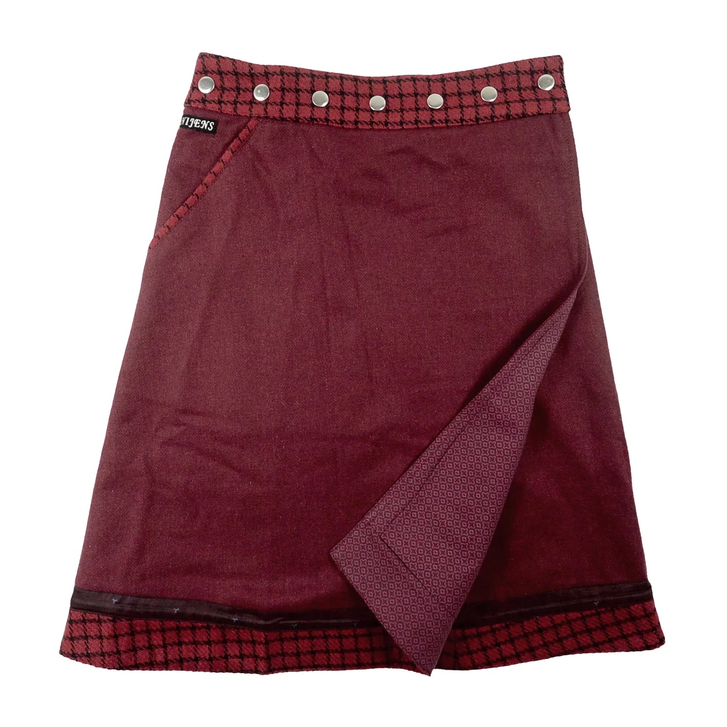 Wendbarer Woll-Wickelrock in Bordeauxrot mit Tweed und Schmuckborte von Nijens
