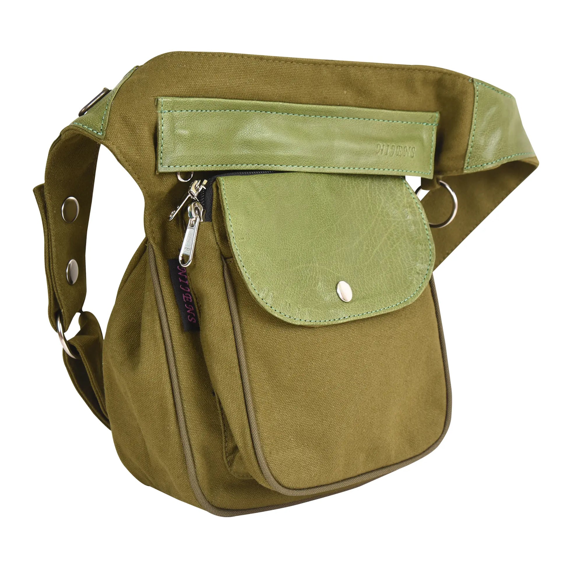 Nijens Gassi-Tasche Hannover aus Canvas in Olivgrün mit Leder – Seitenansicht