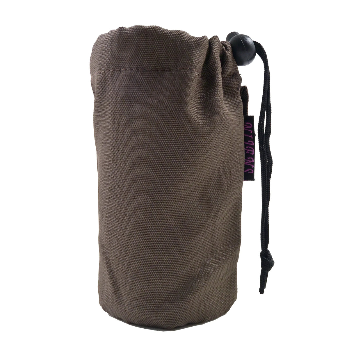 Flaschenbeutel aus Polyester, braun, mit zwei Gürtelschlaufen. Verschließbar mit einem Kordelzug.