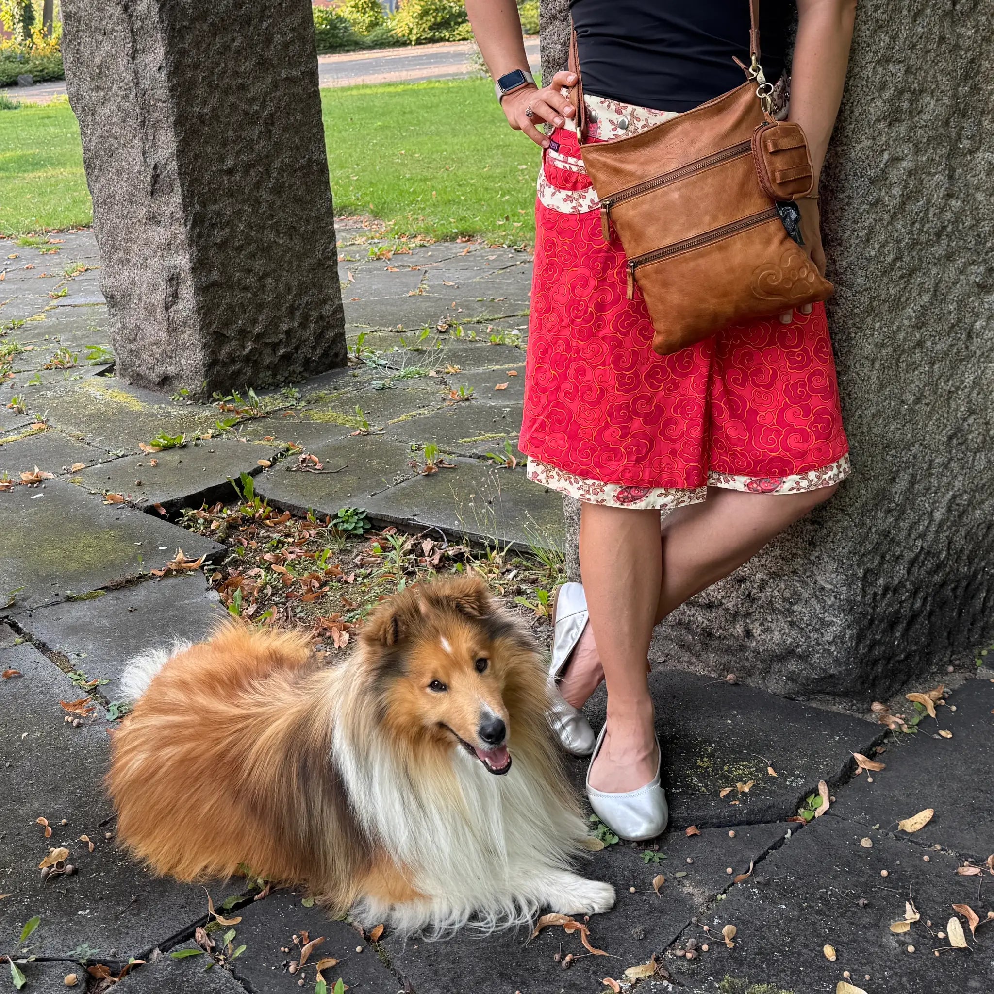 Sommerliches Outfit mit Nijens Wenderock in Rot und brauner Ledertasche, daneben ein liegender Sheltie im Park.