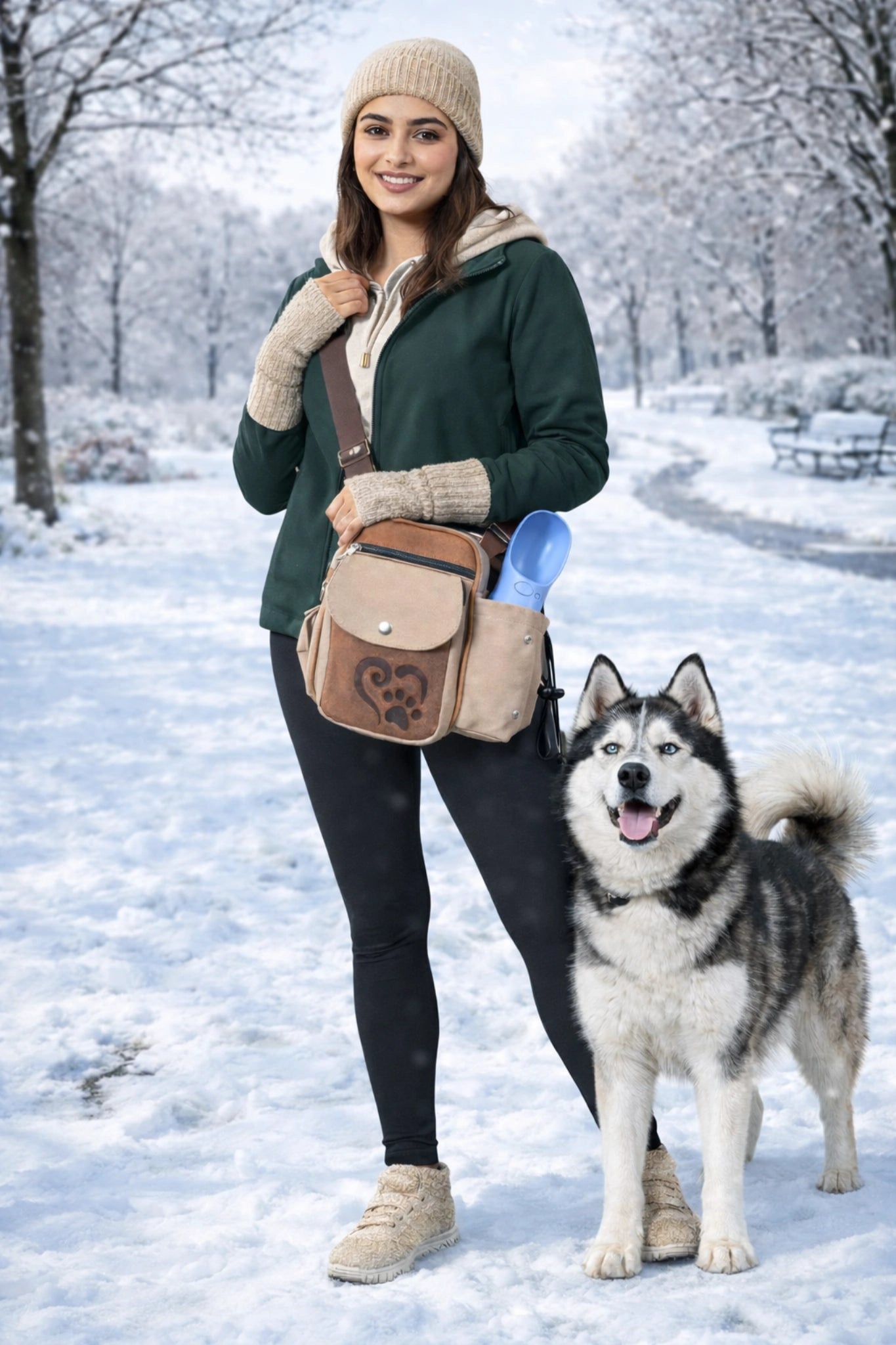 Frau mit Husky im winterlichen Park, trägt dunkelgrüne Jacke, beigen Hoodie, Mütze und Armstulpen sowie eine Nijens Gassitasche mit Flaschenhalter beim Spaziergang im Schnee.