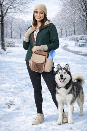 Frau mit Husky im winterlichen Park, trägt dunkelgrüne Jacke, beigen Hoodie, Mütze und Armstulpen sowie eine Nijens Gassitasche mit Flaschenhalter beim Spaziergang im Schnee.