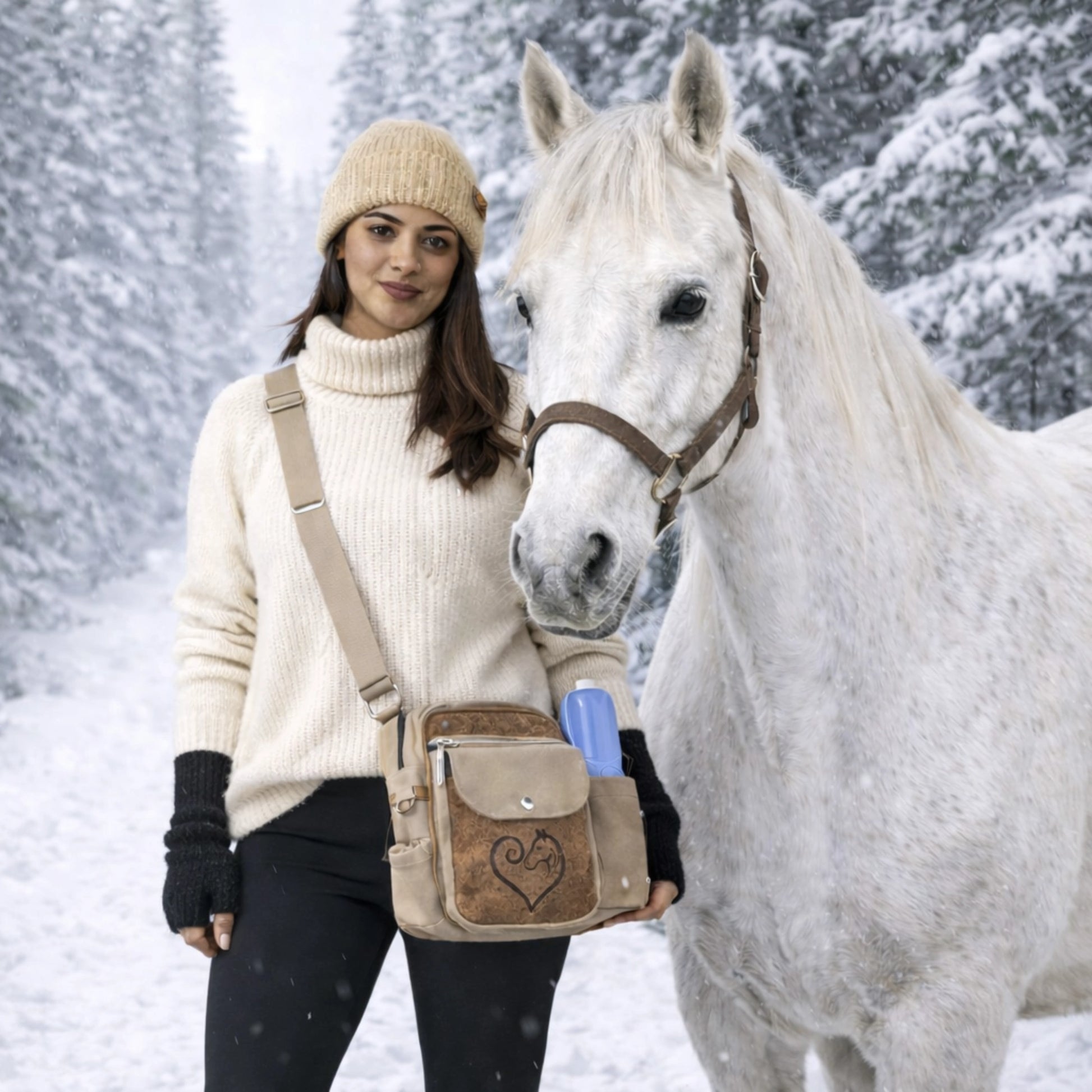 Frau im beigefarbenen Winterpullover mit Nijens Gassitasche Konstanz 4905 steht im verschneiten Wald neben einem weißen Pferd.