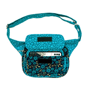 Nijens Cross-Body Multifunktionale Gassi-Tasche S-XXXL für Hunde Wanderung (Blumen und Pfoten-Muster) Türkis 2