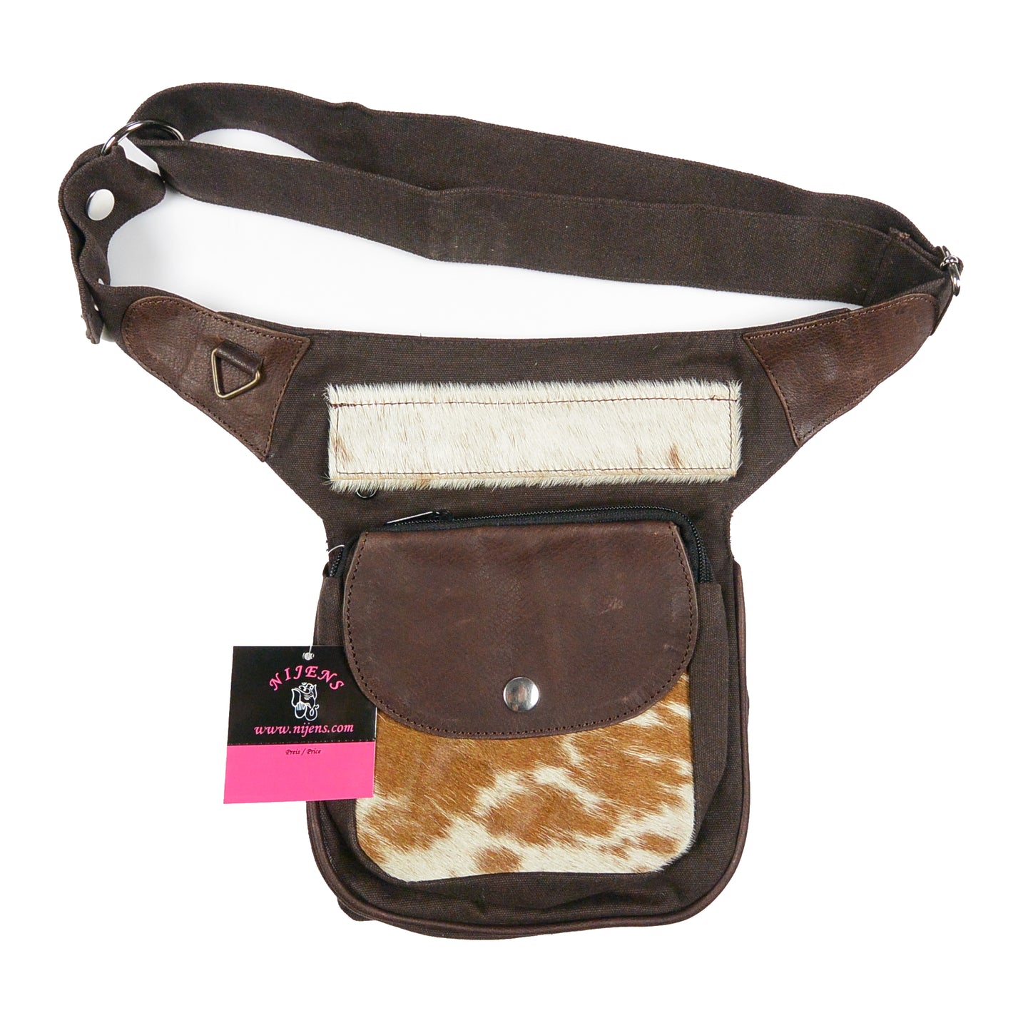 Gassi-Tasche Leder Vintage mit Kuhfell Braun Nijens für Hundebesitzer