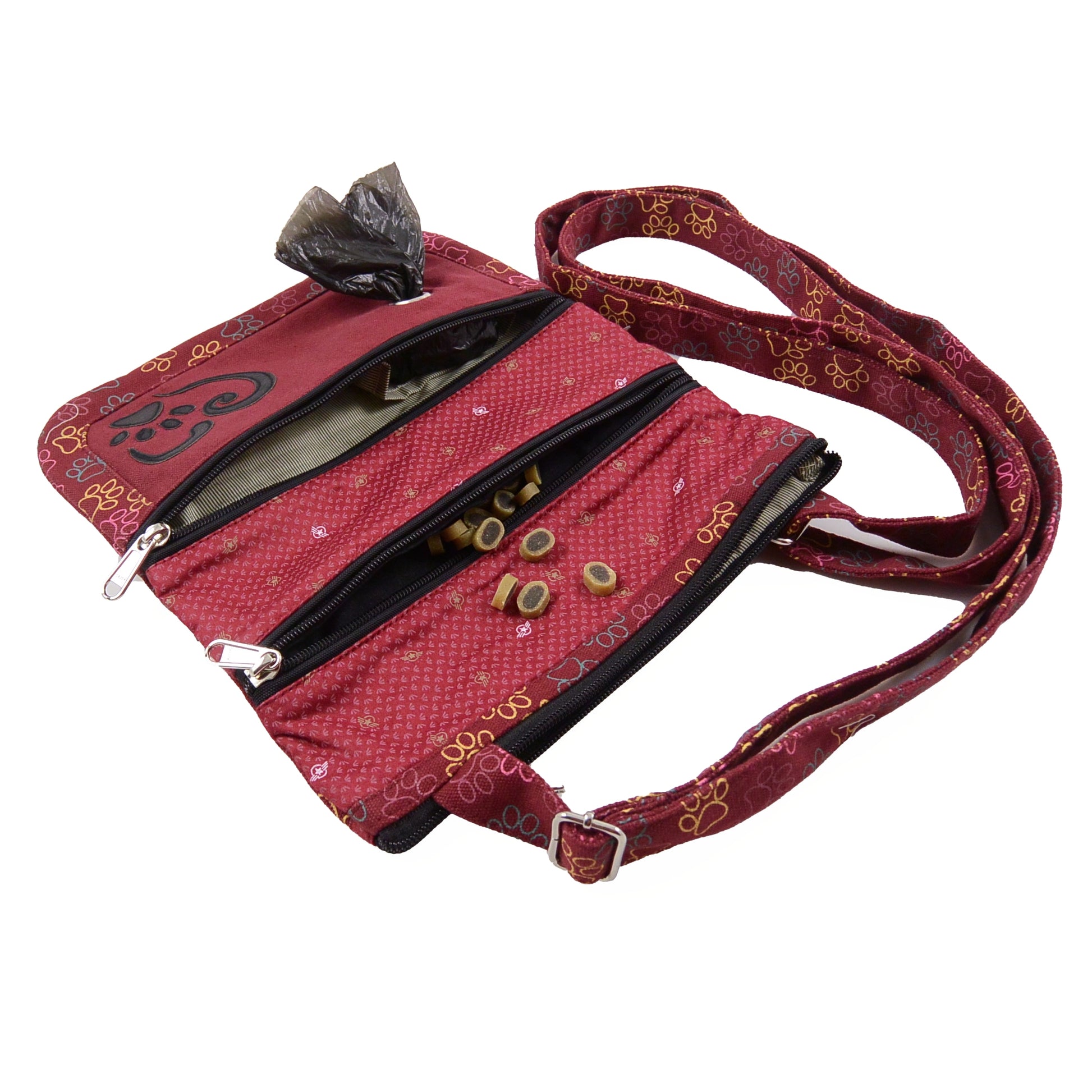 Nijens Gassi-Umhängetasche Futtertasche aus Stoff (Pfoten Motiv in Rot) mit Leckerlifach für Hund 2