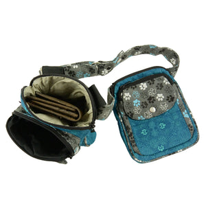 Nijens Doppelte Gassi-Tasche Leckerli-Beutel mit Pfoten-Motiv in Cyan für Hundetraining